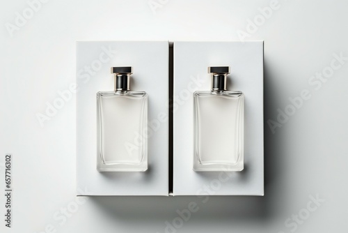 Two Clear glass perfume bottles with white boxes.