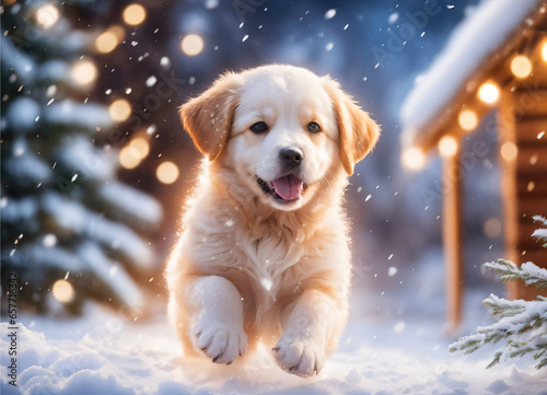 Photo of the Little Puppy in the snow Christmas time