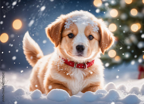 Photo of the Little Puppy in the snow Christmas time