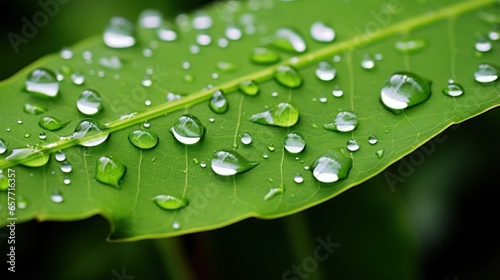 Stunning photo captures a single green leaf on a tree, adorned with glistening rainwater drops. The image evokes a sense of freshness and the rejuvenating power of nature.