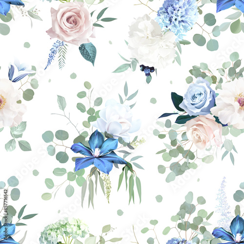 Dusty blue rose, clematis, white peony, ranunculus, eucalyptus, fern, magnolia, greenery vector design