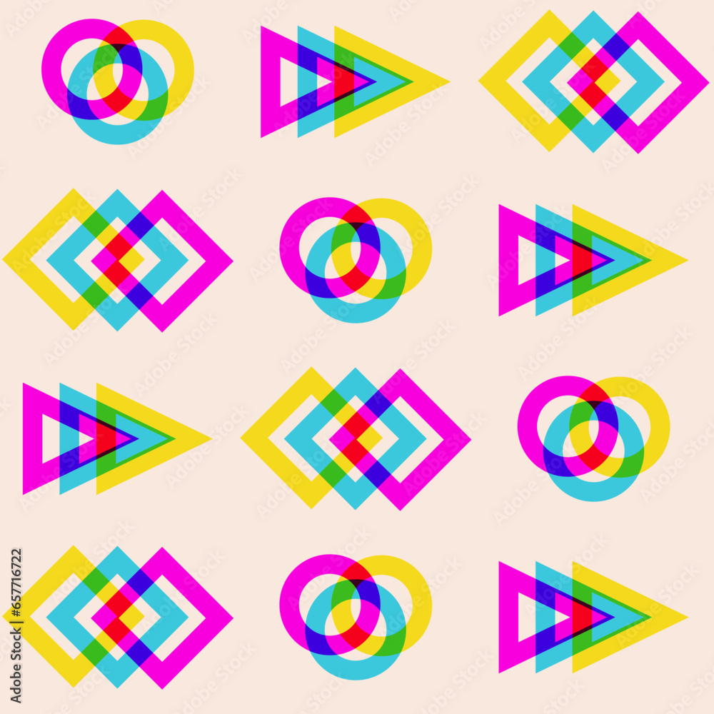 Obraz premium Seamless pattern with geometric shapes an overlapping colors, risograph style.