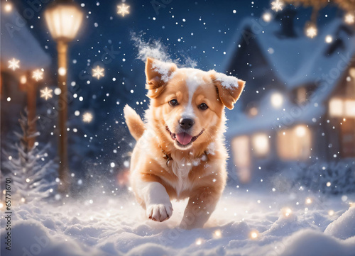 Photo of the Little Puppy in the snow Christmas time