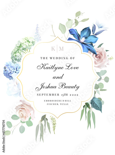 Blue clematis and sage green eucalyptus, magnolia, dusty blue hyacinth, bell flower, pink rose flower vector design frame
