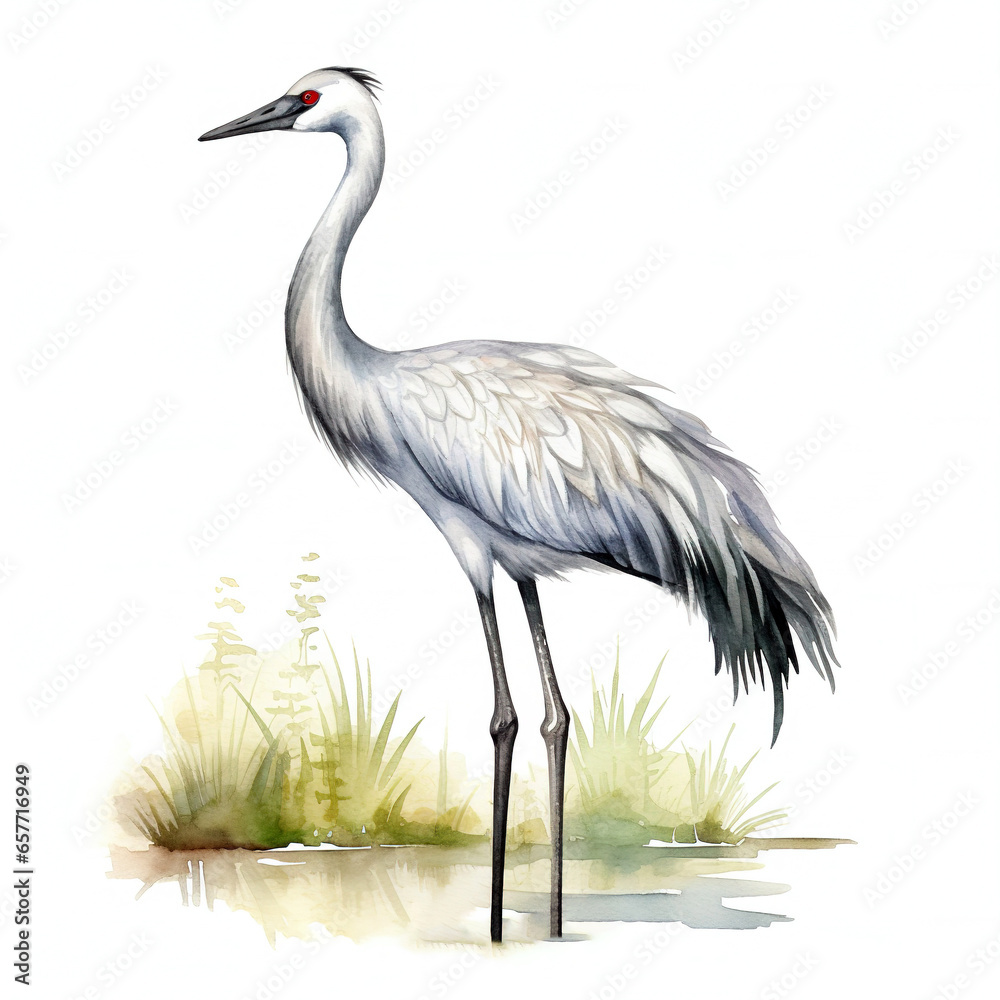 watercolor crane grey , isolated on white background