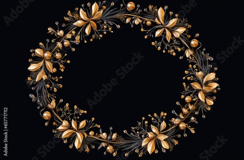A vibrant floral wreath against a dark backdrop