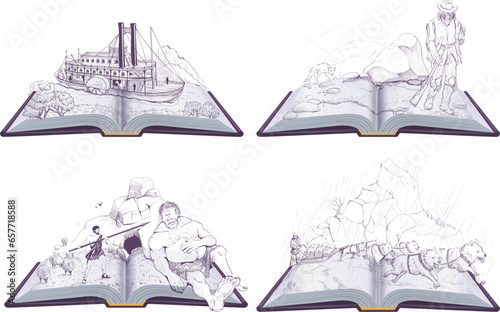 Set open book illustration education read literature story library