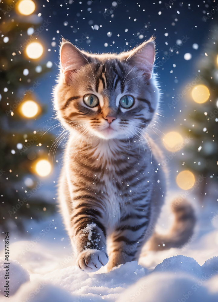 Photo of the Little Cat in the snow Christmas time Photo of the Little Cat in the snow Christmas time