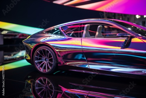 Holographic car with chameleon colors  shown from the side with driver s door and mirror. Closeup at a car exhibition. Generative AI