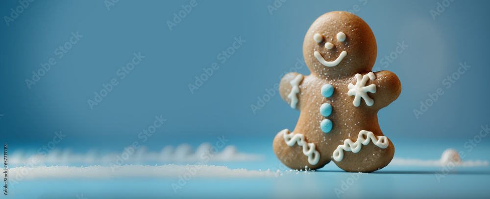 Gingerbread biscuit with snow man and icing as snow for Christmas and happy New Year celebration and party ,a Cookies and bakery.