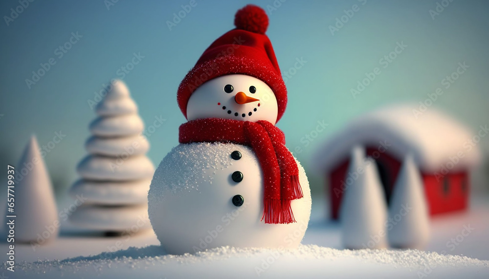 Obraz premium Happy Greeting smiling snow man wear red hat and scarf stand in snow and winter landscape with bokeh background for a Merry Christmas and happy new year