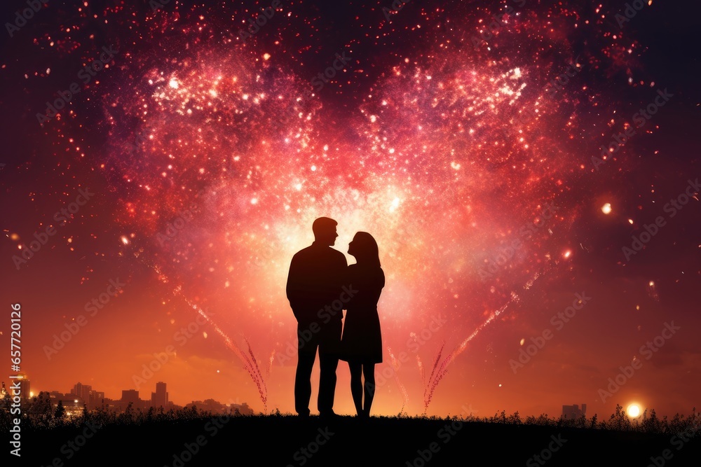 Fototapeta premium A couple mesmerized by a stunning fireworks display