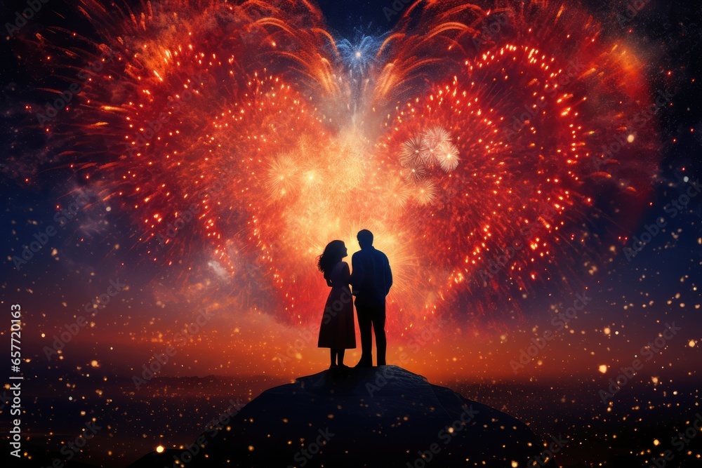 A couple enjoying a fireworks display from a hilltop viewpoint - obrazy, fototapety, plakaty 