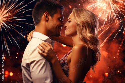 A couple embracing in front of a colorful fireworks display photo