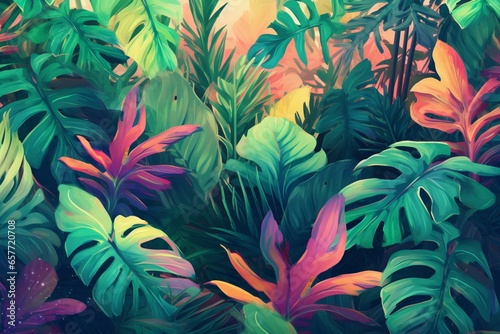 Lush foliage in vibrant hues. Natural, fresh, and abstract. Tropical paradise with minimal jungle aesthetic. Generative AI