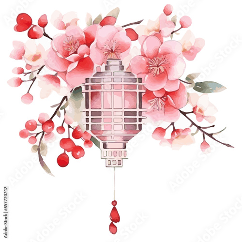 cute watercolor lanterns with flowers in pink vector