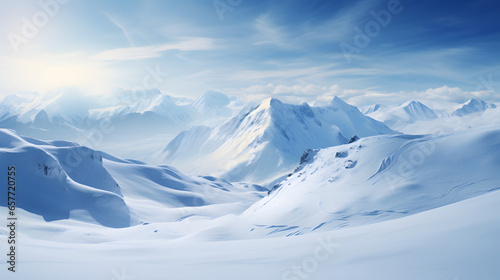 Pristine snowy mountain with fresh ski tracks weaving through powder photo