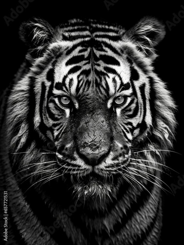 Black and white portrait of a tiger