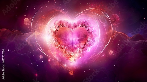 Radiant pink light heart shining in the cosmos. Expanding glowing cosmic love, manifestation of spirituality permeating everywhere. Love illuminating our souls, fostering connections, relationships. 