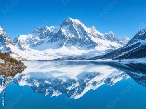 "Alpine Majesty" an awe-inspiring image of a snow-capped mountain range under a clear blue sky, with a pristine alpine lake