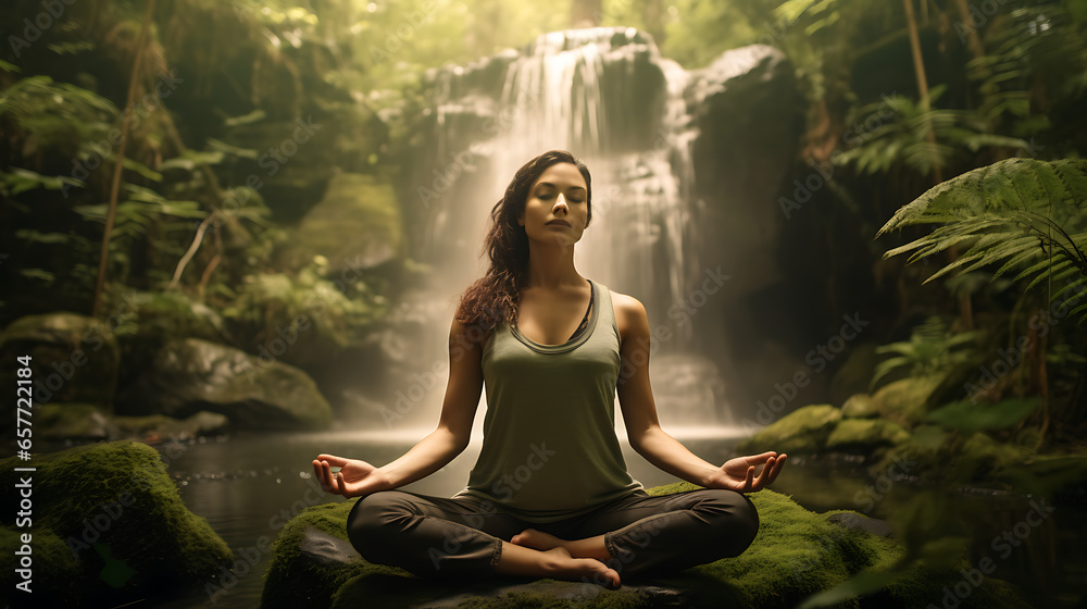 a moment of mindfulness as a person practices yoga in a serene forest, surrounded by lush greenery, celebrating the union of nature, wellness, and inner beauty