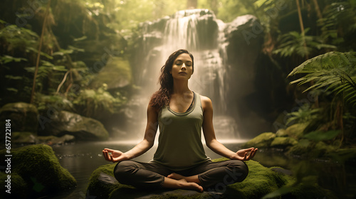 a moment of mindfulness as a person practices yoga in a serene forest, surrounded by lush greenery, celebrating the union of nature, wellness, and inner beauty