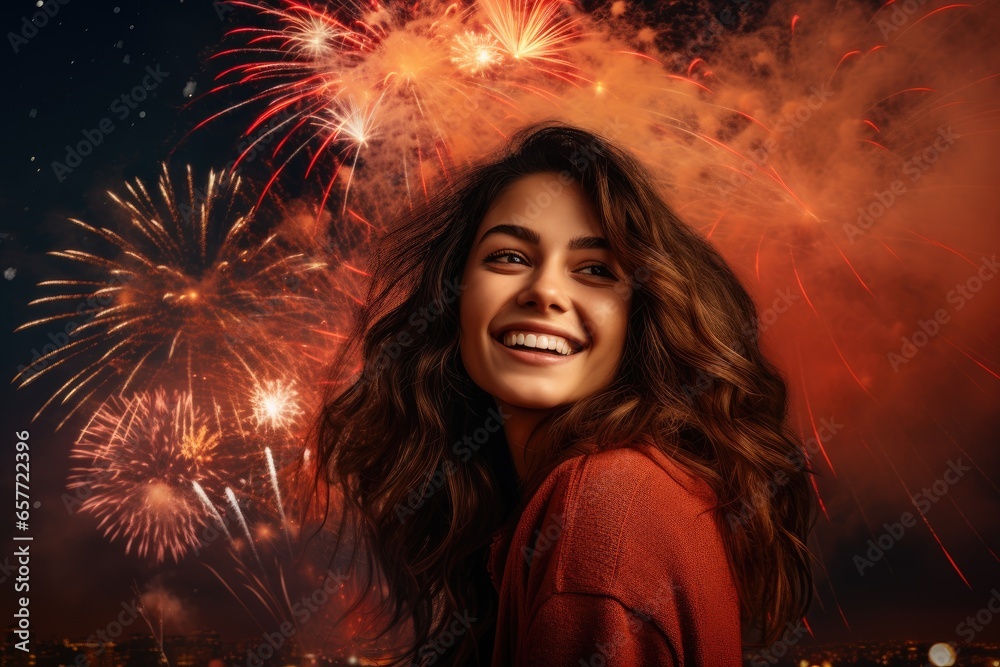 A joyful woman with vibrant fireworks illuminating the night sky A joyful woman with vibrant fireworks illuminating the night sky