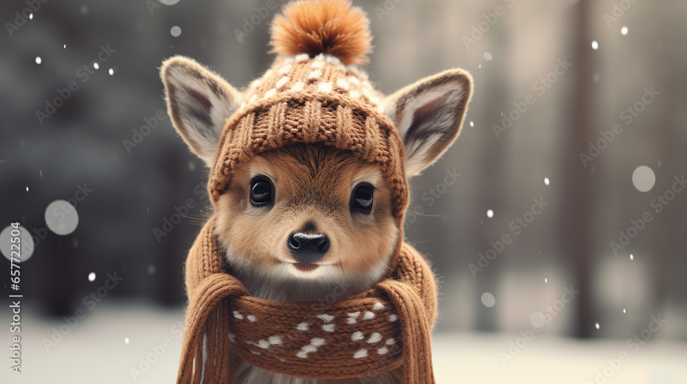 Cute deer in a cold winter in a warm knitted hat, generative AI Cute deer in a cold winter in a warm knitted hat, generative AI