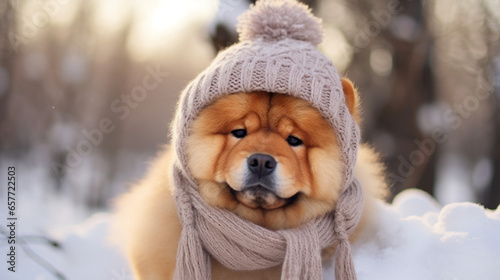 Cute chow chow in a cold winter in a warm knitted hat, generative AI photo