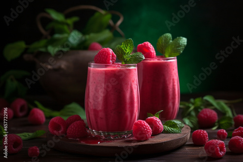 Raspberry smoothie with fresh berry fruits on table. Dark moody still life. Generative AI