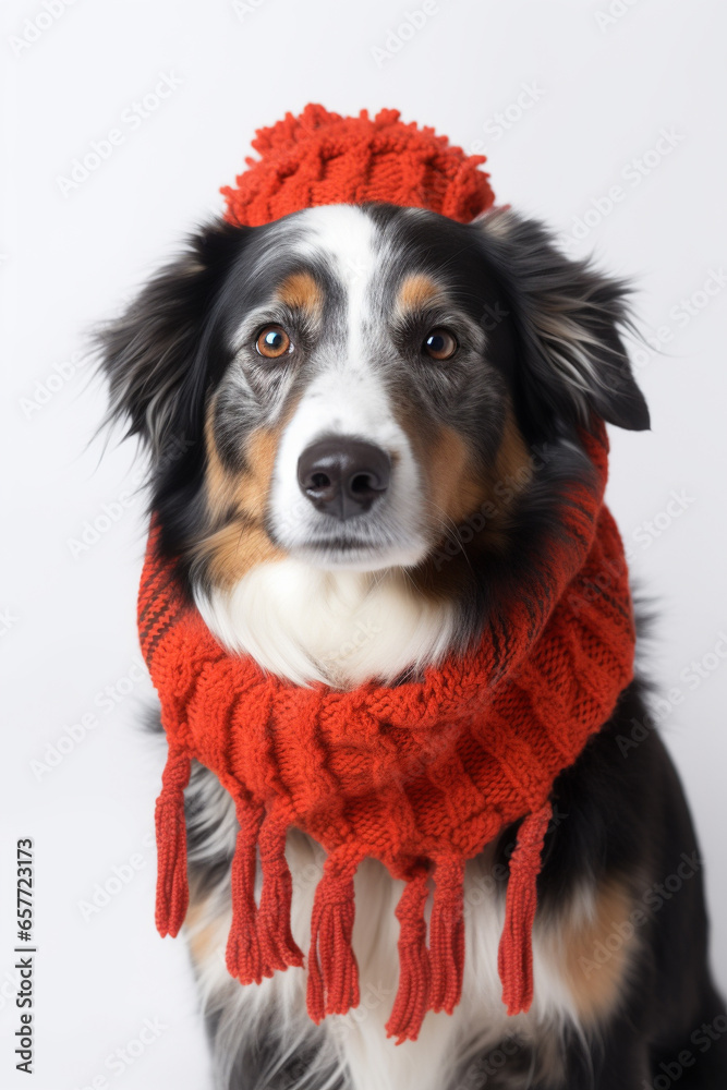 Studio portrait of funny cute dog in autumn or fall outfit and mood, white background. Generative AI Studio portrait of funny cute dog in autumn or fall outfit and mood, white background. Generative AI