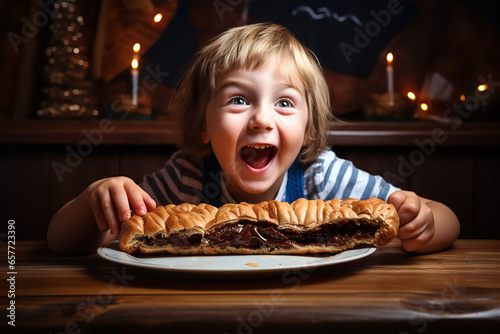  A young child s eyes widen with excitement as they gaze at a chocolate strudel placed on a dining table