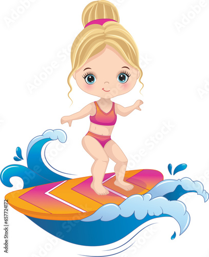 Vector Cartoon Cute Blond Girl Surfing