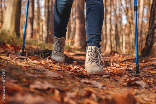 Hiking boots and walking poles. Legs walks in autumn forest trekking trail