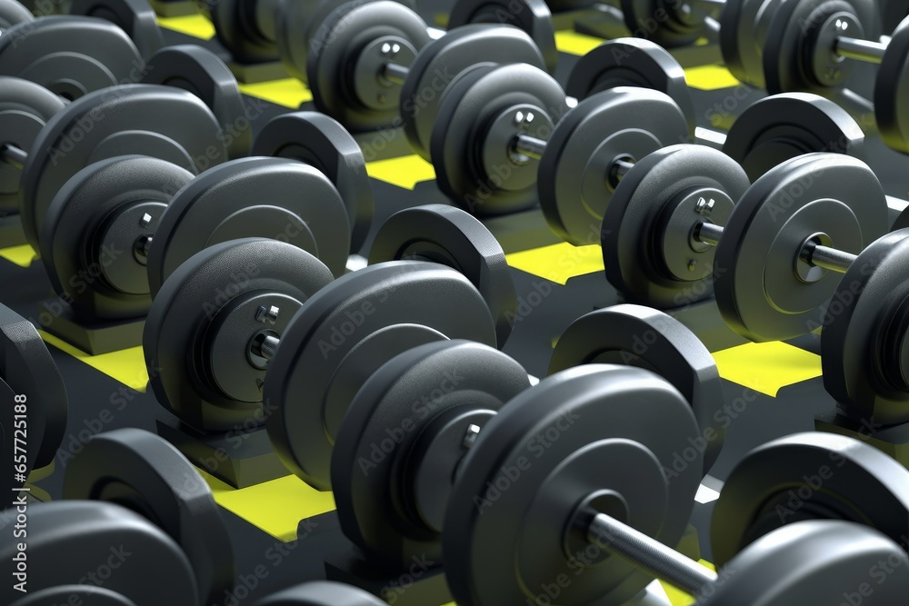 Rows of dumbbells with heavy plates. Sports equipment. 3d render, Generative AI Rows of dumbbells with heavy plates. Sports equipment. 3d render, Generative AI