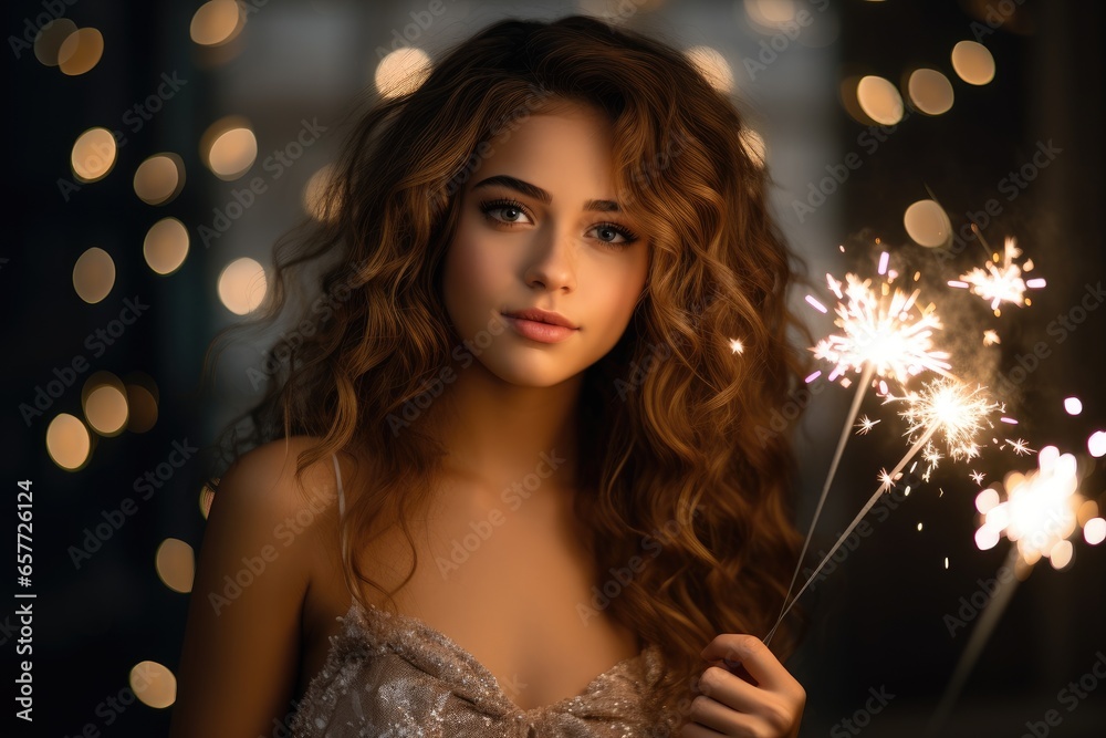 A young woman holding a sparkler, creating a mesmerizing light display