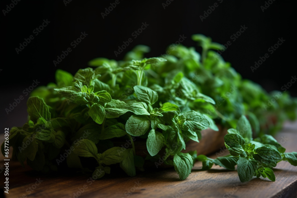 Fresh thyme and oregano herbs on wooden table and dark  background. Generative AI - obrazy, fototapety, plakaty 