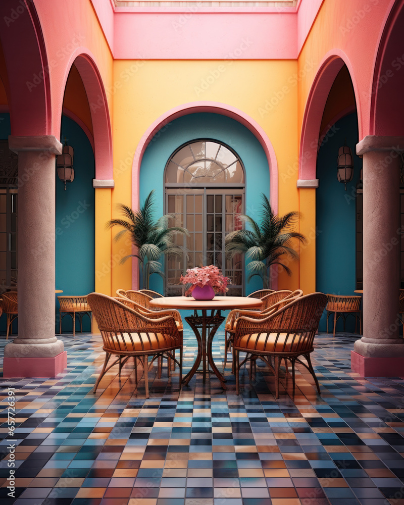 Fototapeta premium A very bright and colorful room with colored chairs and a table, an arched window and living plants, a fashionable stylish interior