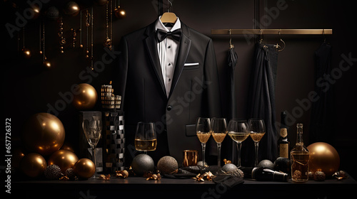 Obraz na płótnie Black suit with bow tie and champagne glasses on the table