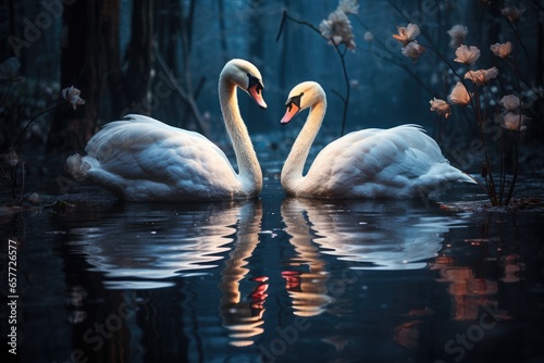 Two swans in love swimming in lake at night. Pair white swans in heart shape floating in pond
