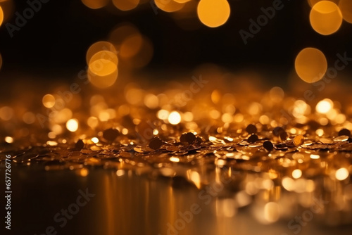 Golden glitter background, glowing gold blur for Christmas or festive texture. Generative AI