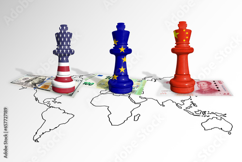 Chess made from USA, EU and China flags on a white background. Chess made from China, Europe Union and United States of America flags photo