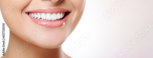 WOMAN SMILING, SHOWING WHITE HEALTHY TEETH, CLOSE-UP. TEMPLATE FOR DENTAL ADVERTISING POSTER, legal AI