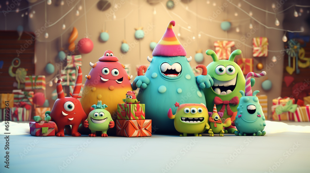 Colorful Christmas Card with Happy, Funny, Cartoon Monsters, legal AI