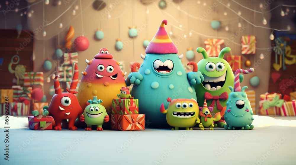 Colorful Christmas Card with Happy, Funny, Cartoon Monsters, legal AI Colorful Christmas Card with Happy, Funny, Cartoon Monsters, legal AI