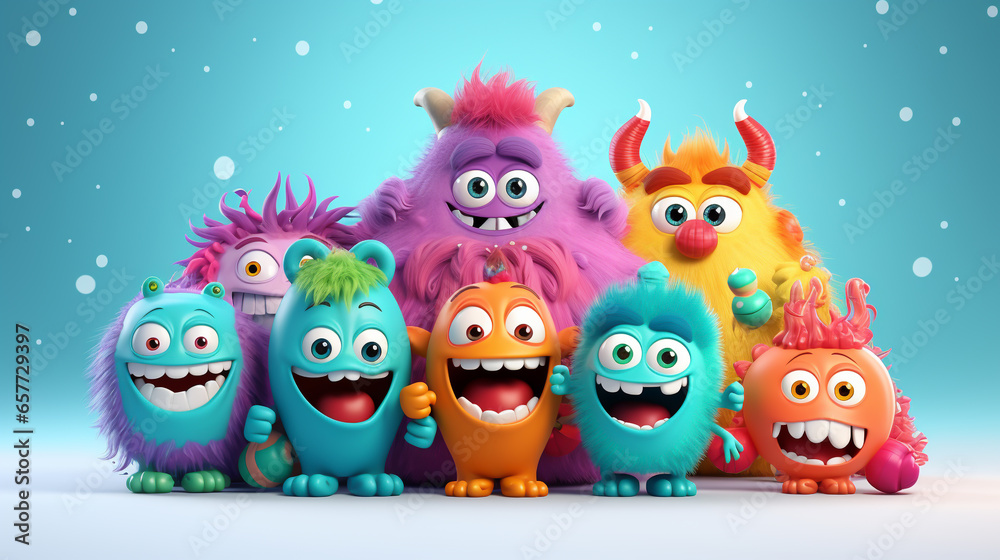 Colorful Christmas Card with Happy, Funny, Cartoon Monsters, legal AI