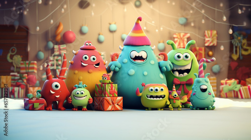 Colorful Christmas Card with Happy, Funny, Cartoon Monsters, legal AI © PETR BABKIN