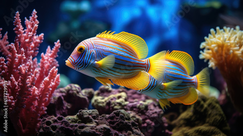 Aquarium fish swim among algae and stones  corrals and underwater plants in an aquarium