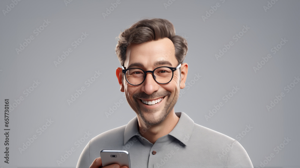 A man smiling and laughing and holding a mobile phone. Wearing glasses. Goofy man. Cheerful. - obrazy, fototapety, plakaty 
