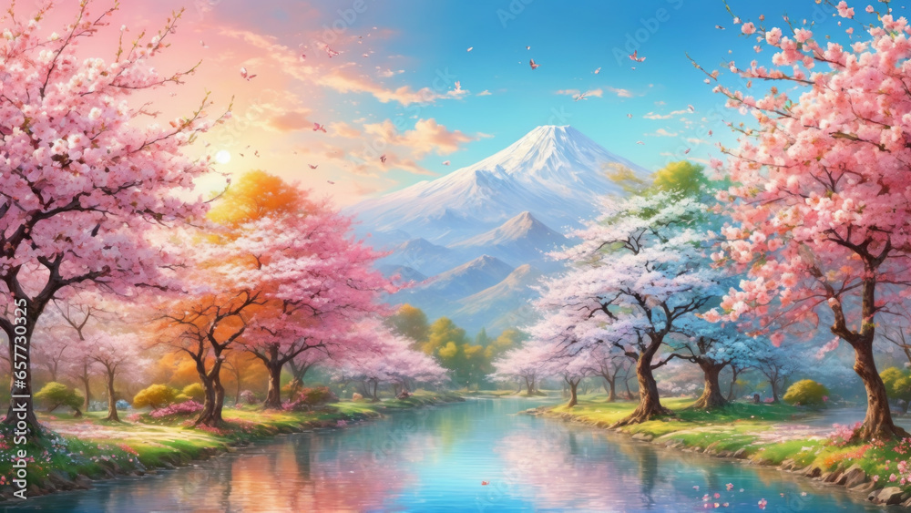 Cherry blossom trees, a river and a mountain. Flowers blooming on a tree branch. Idyllic landscape scene. Paradise. - obrazy, fototapety, plakaty 